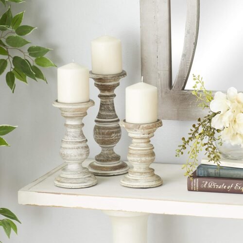 Deco 79 Mango Wood Decorative Candle Holder Turned Style Pillar Candle Stand, Set of 3 Candlestick Holder 6", 8", 10"H, Cream - Image 3