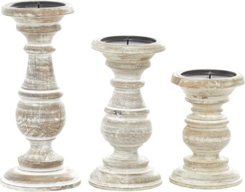 Deco 79 Mango Wood Decorative Candle Holder Turned Style Pillar Candle Stand, Set of 3 Candlestick Holder 6", 8", 10"H, Cream - Image 4