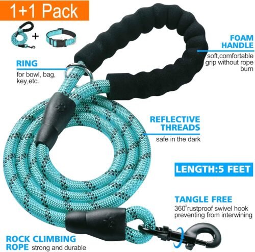 Reflective Dog Collar Padded with Soft Neoprene Breathable Adjustable Nylon Dog Collars for Small Medium Large Dogs (Medium (Pack of 1), Blue Collar+Leash) - Image 3
