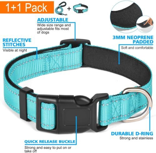 Reflective Dog Collar Padded with Soft Neoprene Breathable Adjustable Nylon Dog Collars for Small Medium Large Dogs (Medium (Pack of 1), Blue Collar+Leash) - Image 4