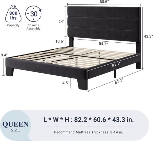 Allewie Queen Size Platform Bed Frame with Velvet Upholstered Headboard and Wooden Slats Support, Fully Upholstered Mattress Foundation/No Box Spring Needed/Easy Assembly, Black - Image 3