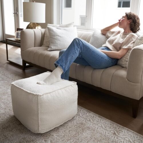ZICOTO Beautiful Boucle Pouf Ottoman and Foot Rest - Elevate Your Living Room Decor with Lightweight Comfort and Charm - A Round Modern Foam Filled Foot Stool Perfect to Rest Your Feet - Image 3