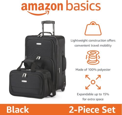 Amazon Basics Luggage Sets, Carry-On 23-Inch, tote 15-Inch, Suitcase With Wheels, Expandable Extra Space (+15%), Front Pockets and Telescopic Handle, Black - Image 3
