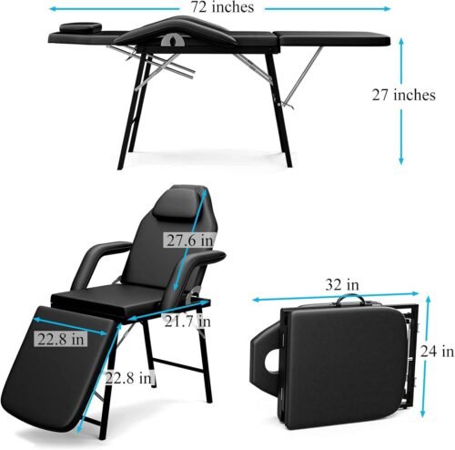Portable Tattoo Chair, Adjustable Massage Facial Bed with Removable Headrest & Armrest, Foldable Spa Chair with Carry Bag, 73 Inch Esthetician Bed for Salon Beauty Barber Spa Tattoo (Black) - Image 3