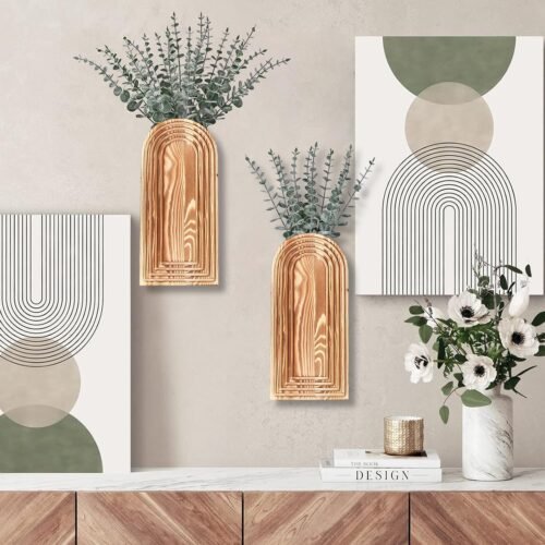 2 Pack Wooden Wall Vase Set - Brown Finish Modern Farmhouse & Boho Wall Decor for Entryway, Hallway, Bathroom, Living Room, Dining Room, Narrow Spaces - Image 3