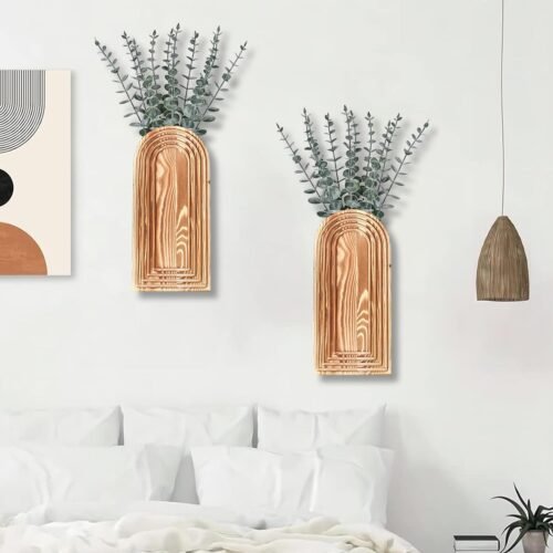 2 Pack Wooden Wall Vase Set - Brown Finish Modern Farmhouse & Boho Wall Decor for Entryway, Hallway, Bathroom, Living Room, Dining Room, Narrow Spaces - Image 7