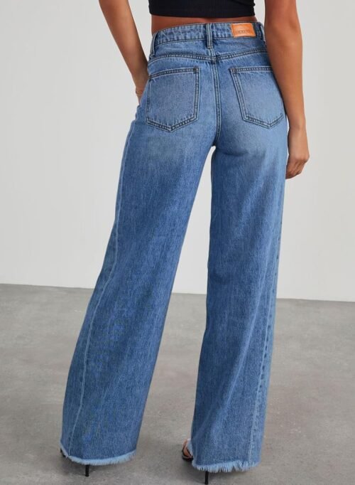Sidefeel Women's Wide Leg Jeans High Waisted Strechy Raw Hem Zimbaplatinum Denim Pants - Image 3