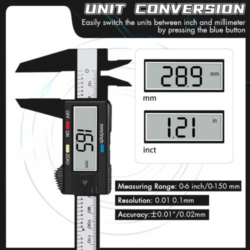 Electronic Digital Calipers, inch and Millimeter Conversion,LCD Screen displays 0-6" Caliper Measuring Tool, Automatic Shutdown, Suitable for DIY/Jewelry Measurement (New150mm Black Plastic) - Image 3