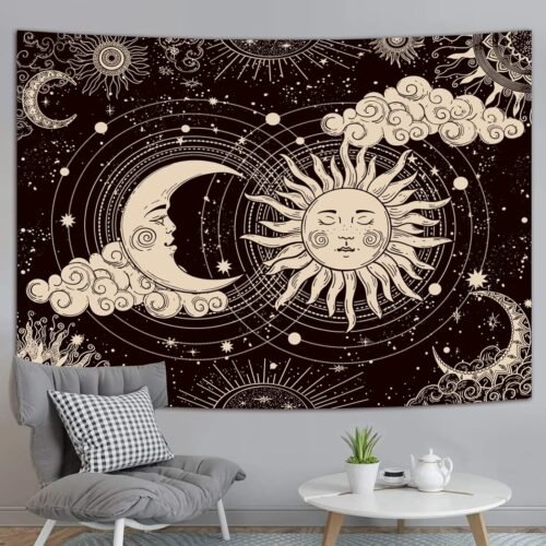 Wonrizon Sun and Moon Tapestry, Aesthetic Black Dark Spiritual Tapestries Mystic Burning Sun with Clouds Star Wall Hanging decor for Bedroom (51.2" x 59.1") - Image 6