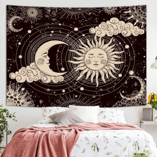 Wonrizon Sun and Moon Tapestry, Aesthetic Black Dark Spiritual Tapestries Mystic Burning Sun with Clouds Star Wall Hanging decor for Bedroom (51.2" x 59.1") - Image 8