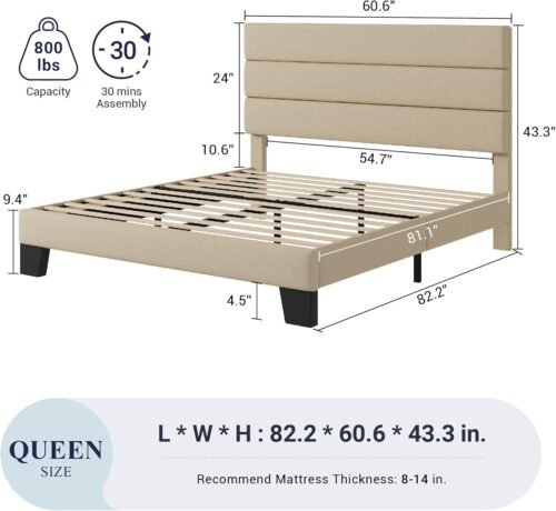 Allewie Queen Size Platform Bed Frame with Fabric Upholstered Headboard and Wooden Slats Support, Fully Upholstered Mattress Foundation/No Box Spring Needed/Easy Assembly, Beige - Image 3
