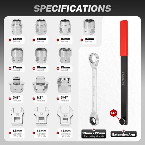BILITOOLS 15-Piece Universal Serpentine Belt Tool Set, Ratcheting Serpentine Belt Tensioner Tool Kit - Image 3