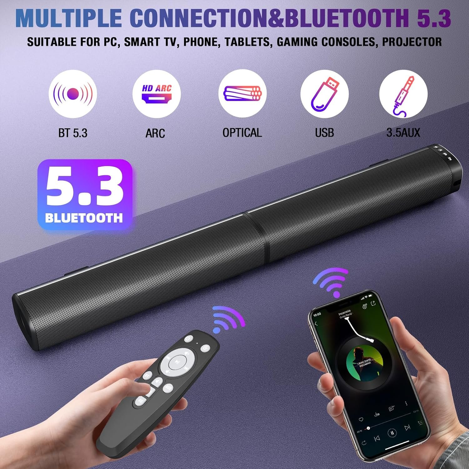 Sound Bar, 100W Sound Bar for Smart TV, Bluetooth 5.3 Soundbar, 2 in 1 Detachable Home Speaker Bass Effect, Home Theater Surround Sound, ARC/Optical/AUX/USB Connections, for TV/PC/Projectors - Image 3