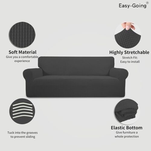 Easy-Going Stretch Sofa Slipcover 1-Piece Sofa Cover Furniture Protector Couch Soft with Elastic Bottom for Kids, Polyester Spandex Jacquard Fabric Small Checks (Sofa, Dark Gray) - Image 4