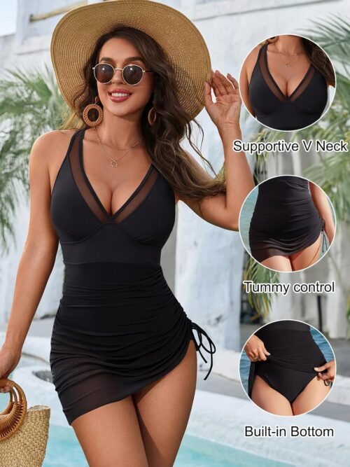 Blooming Jelly Women One Piece Swim Dress Tummy Control Swimsuits Slimming Mesh Sheer Sarong Wraps Bathing Suit - Image 3