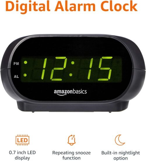 Amazon Basics Small Digital Oval Alarm Clock With LED Display, Nightlight & Battery Backup, Black, 4.5 x 3.5 x 2.4 Inches - Image 3