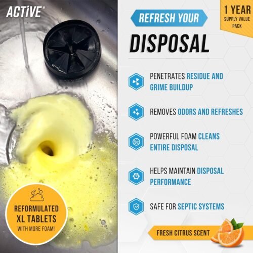 Garbage Disposal Cleaner Deodorizer Tablets - 24 Pack, New Powerful XL Foaming Tablet - Fresh Citrus Foam Sink Garburator Disposer Freshener, Natural Kitchen Drain Cleaning Care - 1 Year Supply - Image 3