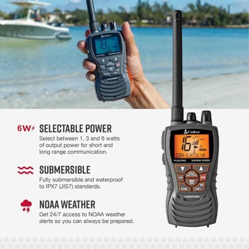 Cobra MR HH350 FLT Handheld Floating VHF Marine Radio - 6 Watt, Submersible, Noise Cancelling Mic, Backlit LCD Display, NOAA Weather, and Memory Scan, Grey - Image 4