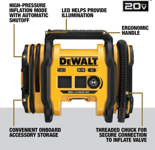 DEWALT Tire Inflator Portable Air Compressor 20V MAX, Air Pump with Automatic Shut Off, LED Light, Tool Only (DCC020IB) - Image 3