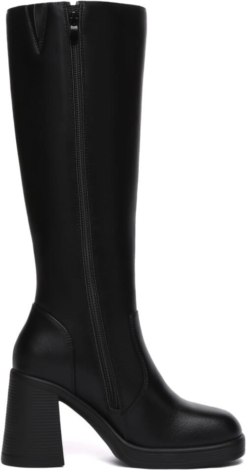 Athlefit Black Knee High Boots for Women Platform Tall Boots Fashion Square Toe Chunky Heeled Booties - Image 4