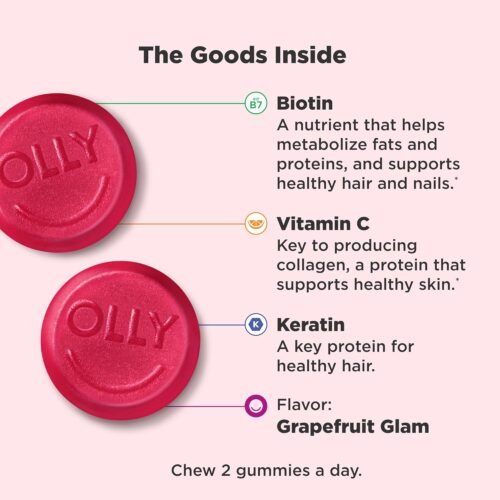 OLLY Undeniable Beauty Gummy, For Hair, Skin, Nails, Biotin, Vitamin C, Keratin, Chewable Supplement, Grapefruit, 30 Day Supply - 60 Count - Image 4