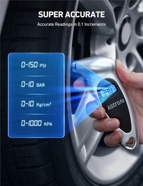 AstroAI Digital Tire Pressure Gauge 0-150PSI, Accurate in 0.1 Increments, Tire Pressure Gauge with Backlit LCD and Presta Valve Adaptor, 4 Units of Measurement for Car Truck Bicycle, Silver - Image 3