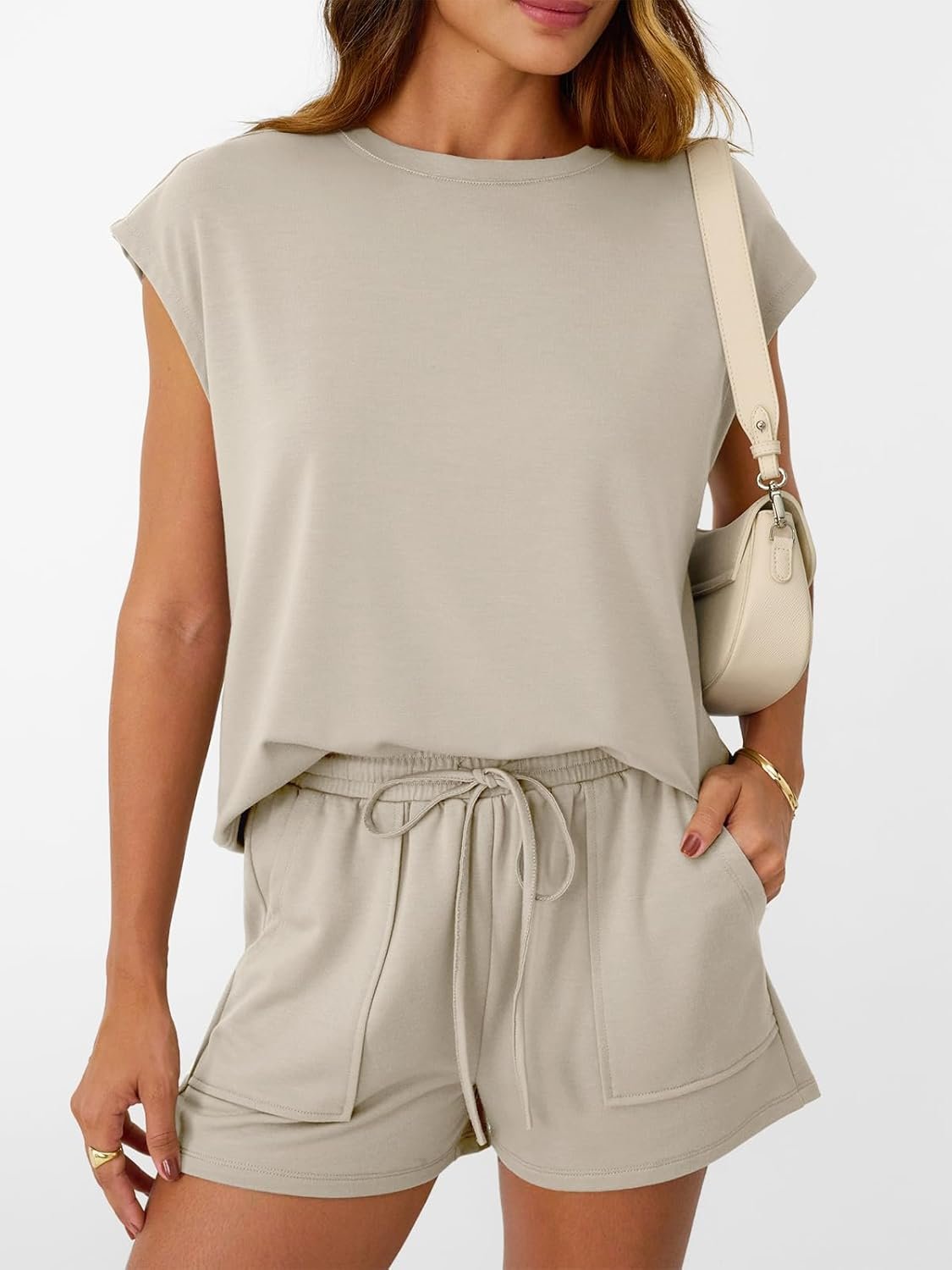 AUTOMET Womens Crew Neck Two Piece short Sets Cap Sleeve Drawstring Summer Sweatsuit with Pocket - Image 3