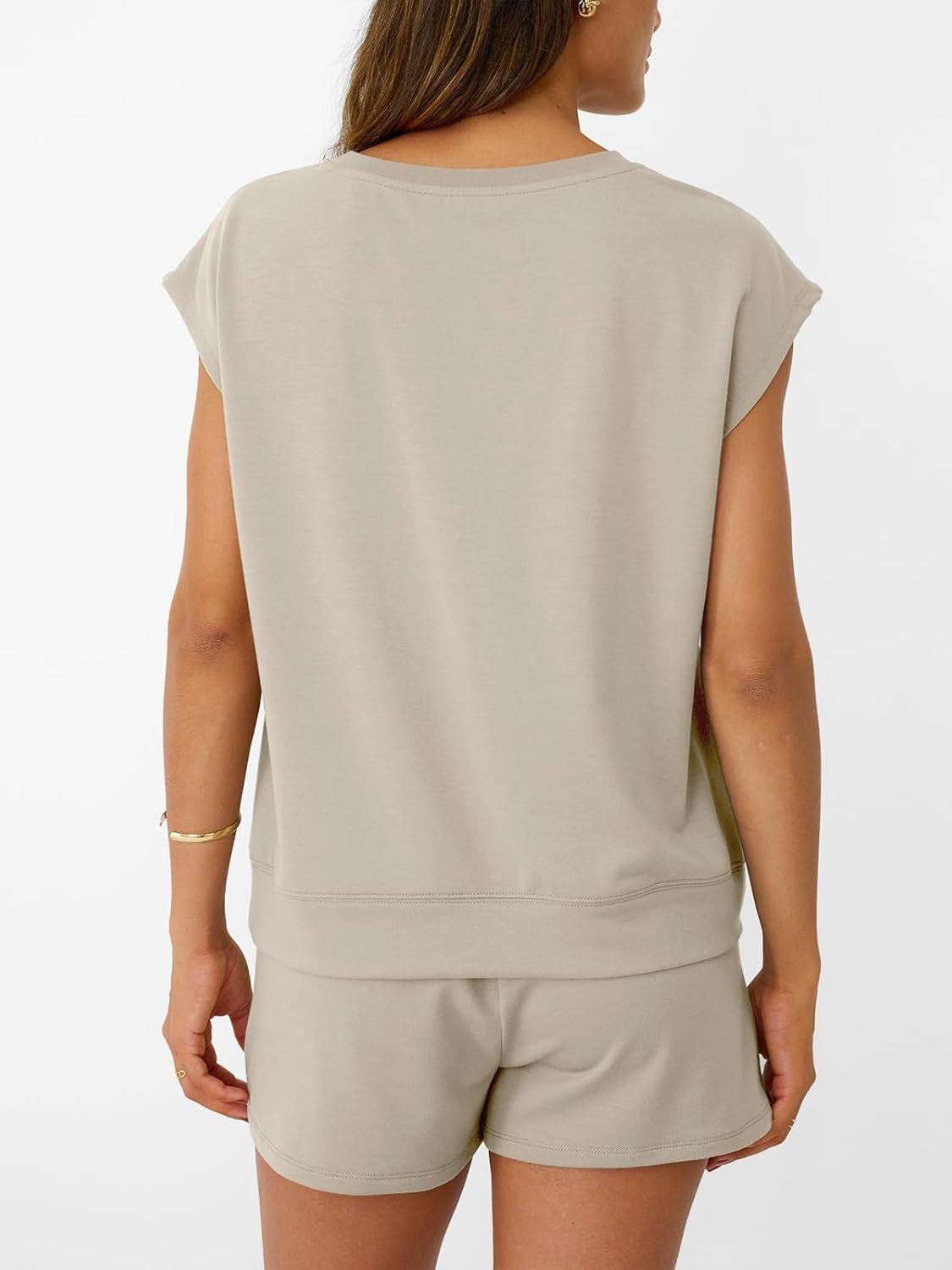 AUTOMET Womens Crew Neck Two Piece short Sets Cap Sleeve Drawstring Summer Sweatsuit with Pocket - Image 4