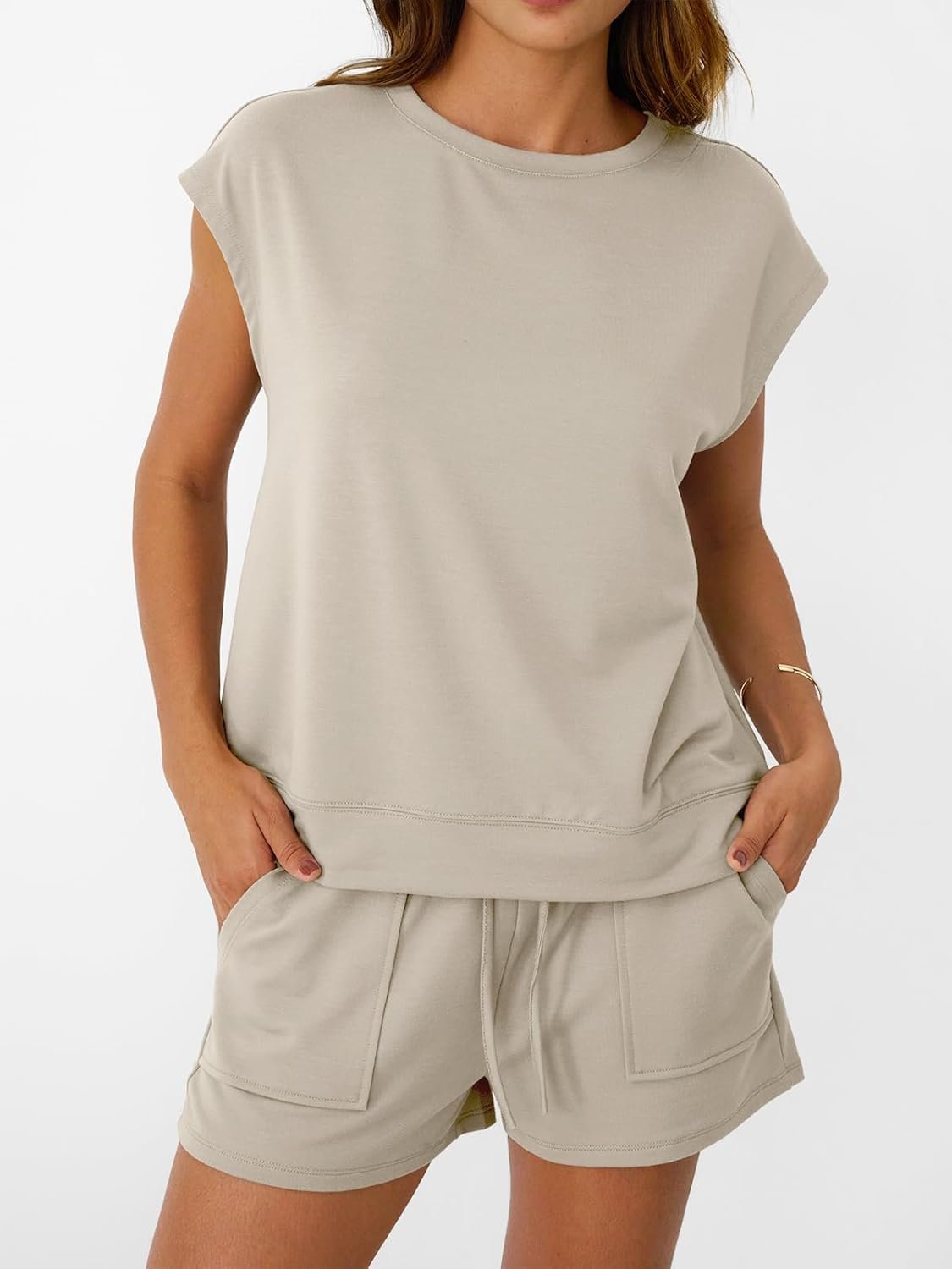 AUTOMET Womens Crew Neck Two Piece short Sets Cap Sleeve Drawstring Summer Sweatsuit with Pocket - Image 6