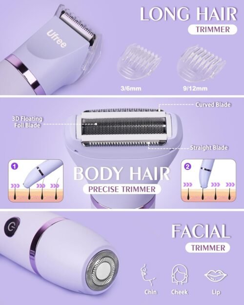 Ufree Bikini Trimmer Electric Razors for Women, Rechargeable Pubic Body Hair Trimmer Electric Shaver for Legs Body Hair, Bikini Shaver IPX7 Waterproof, Gifts for Women, Purple - Image 3