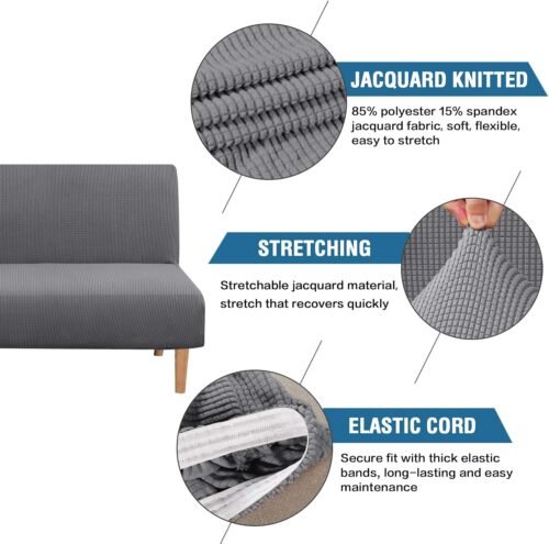 H.VERSAILTEX Armless Futon Cover Stretch Sofa Bed Slipcover Protector Elastic Feature Rich Textured High Spandex Small Checks Jacquard Fabric Futon Cover, Machine Washable, Gray - Image 3