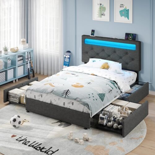 Rolanstar Twin Bed Frame with Charging Station and LED Lights, Upholstered Bed with Adjustable Headboard and 4 Storage Drawers, No Box Spring Needed, Easy Assembly, Dark Gray - Image 3