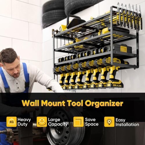 Large Power Tool Organizer Wall Mount,4 Layers Heavy Duty Metal Loads 400lbs,Power Tool Shelf Battery Storage with 8 Cordless Drill Holder,Utility Racks for Garage Workshop - Image 3