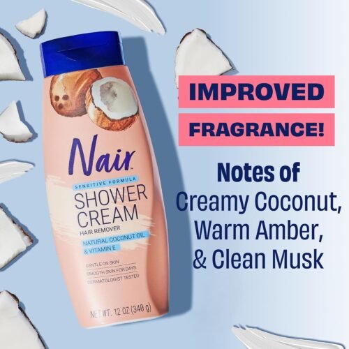 Nair Sensitive Shower Cream Hair Remover with Natural Coconut Oil and Vitamin E, Body Hair Removal Cream, 12 oz - Image 4