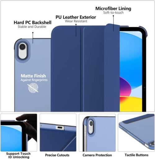 MoKo Case for iPad (A16) 11th Generation 11 Inch 2025, iPad 10th Generation 10.9 inch 2022, Slim Stand Protective Cover with Hard PC Translucent Back Shell Cover, Support Touch ID, Navy Blue - Image 4