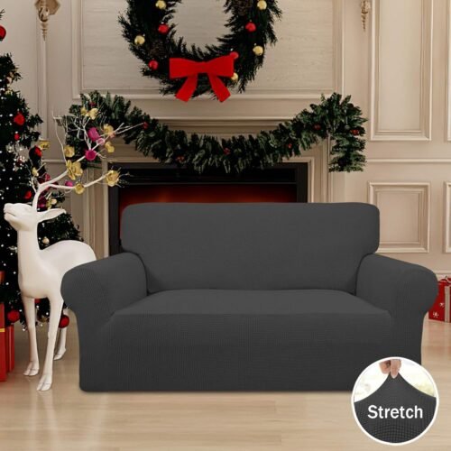Easy-Going Stretch Loveseat Slipcover 1-Piece Sofa Cover Furniture Protector Couch Soft with Elastic Bottom for Kids Polyester Spandex Jacquard Fabric Small Checks (Loveseat, Dark Gray) - Image 3