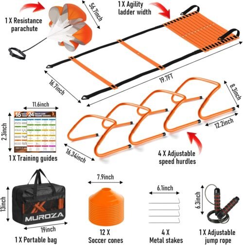 Agility Ladder Speed Training Equipment Set-20ft Agility Ladder,12 Soccer Cones,4 Hurdles, Jump Rope, Running Parachute, Basketball Football Soccer Training Equipment for Kids, Youth, Adults - Image 3
