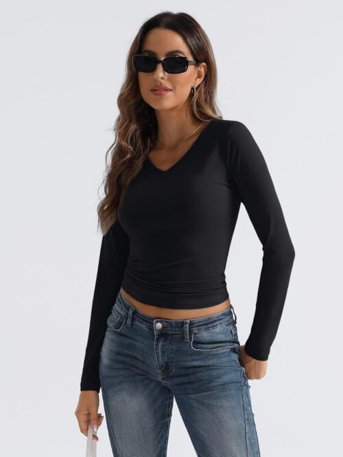 Trendy Queen Long Sleeve Shirts for Women 2025 Fall Fashion V Neck Basics Crop Tops Slim Fitted Y2K Tops Outfits Clothes - Image 4