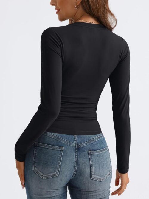 Trendy Queen Long Sleeve Shirts for Women 2025 Fall Fashion V Neck Basics Crop Tops Slim Fitted Y2K Tops Outfits Clothes - Image 5