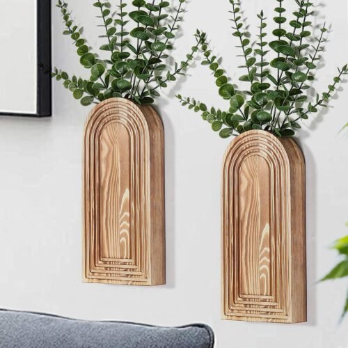 2 Pack Wooden Wall Vase Set - Brown Finish Modern Farmhouse & Boho Wall Decor for Entryway, Hallway, Bathroom, Living Room, Dining Room, Narrow Spaces - Image 2