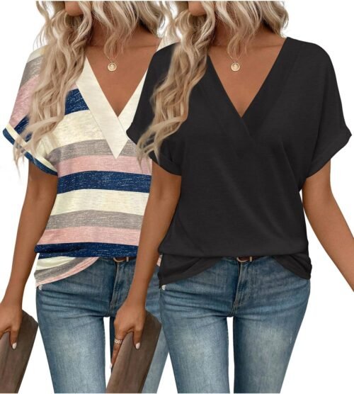 2PCS T Shirts Short Sleeve V Neck Tees Womens Fashion Tops Trendy Soft 2025 Casual Summer Spring Outfits Clothes - Image 2
