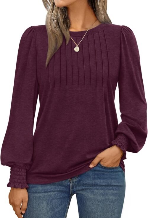 AUTOMET Long Sleeve Shirts Womens Pleated Business Casual Blouses with Smocked Cuffs - Image 2