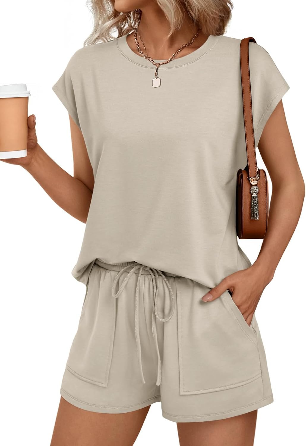 AUTOMET Womens Crew Neck Two Piece short Sets Cap Sleeve Drawstring Summer Sweatsuit with Pocket - Image 2