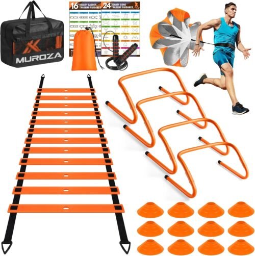 Agility Ladder Speed Training Equipment Set-20ft Agility Ladder,12 Soccer Cones,4 Hurdles, Jump Rope, Running Parachute, Basketball Football Soccer Training Equipment for Kids, Youth, Adults - Image 2