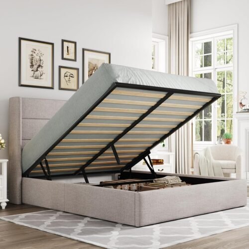 Allewie Queen Size Lift Up Storage Bed, Modern Wingback Headboard, Hydraulic Support, No Box Spring Needed, Light Beige - Image 2