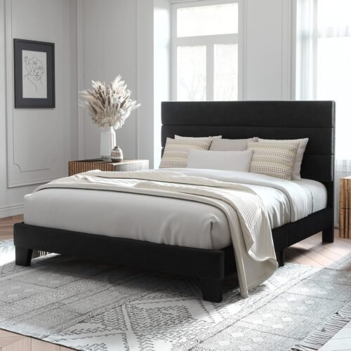 Allewie Queen Size Platform Bed Frame with Velvet Upholstered Headboard and Wooden Slats Support, Fully Upholstered Mattress Foundation/No Box Spring Needed/Easy Assembly, Black - Image 2