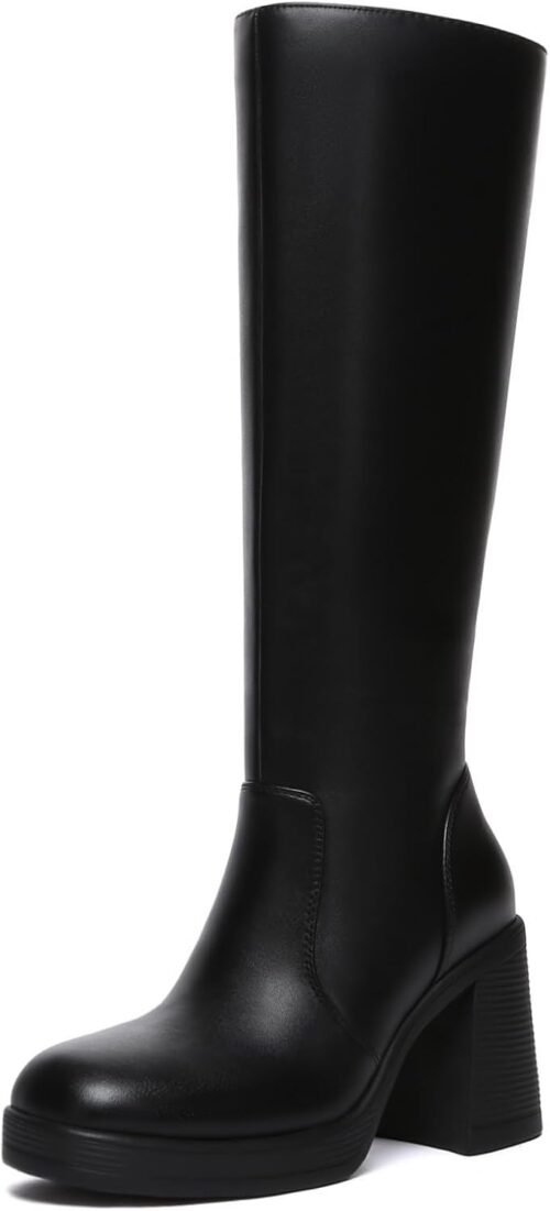 Athlefit Black Knee High Boots for Women Platform Tall Boots Fashion Square Toe Chunky Heeled Booties - Image 2