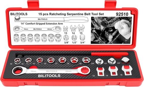 BILITOOLS 15-Piece Universal Serpentine Belt Tool Set, Ratcheting Serpentine Belt Tensioner Tool Kit - Image 2