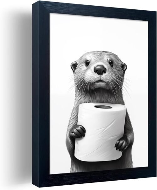 Bathroom Picture Wall Decor, Framed Black and White Bathroom Wall Art, Toilet Paper in Little Funny Raccoon's Hand Animal Canvas Print Painting - Image 2