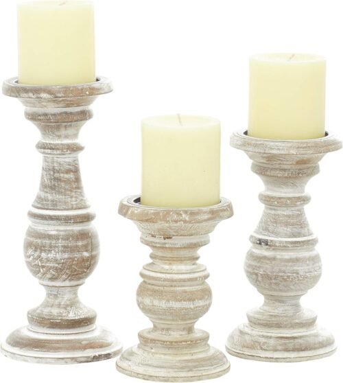 Deco 79 Mango Wood Decorative Candle Holder Turned Style Pillar Candle Stand, Set of 3 Candlestick Holder 6", 8", 10"H, Cream - Image 2